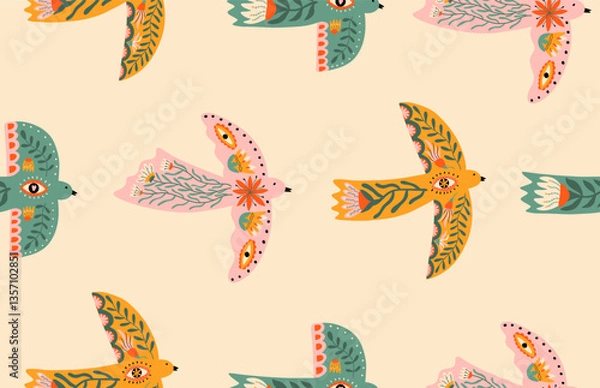 Fototapeta Folk doves seamless pattern with eyes, flowers and leaves. Vector background for fabric, cover, stamp. Spring illustration.