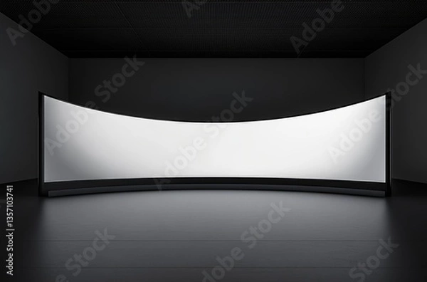 Fototapeta Large curved LED screen in empty virtual studio, no ceiling, black wall, white background, mockup for product/data presentation, modern atmosphere, product display