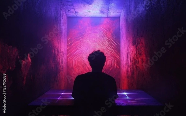 Obraz a silhouette of a person looking towards a vibrant, color-filled portal. The scene evokes a sense of mystery and anticipation