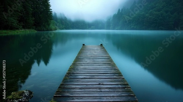 Fototapeta Serene Misty Lake with Wooden Dock: A Tranquil Escape