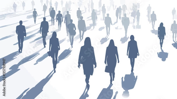 Fototapeta The image depicts a large group of indistinct human silhouettes walking in an urban setting.  The figures are rendered in shades of blue and gray, appearing somewhat hazy and lacking distinct