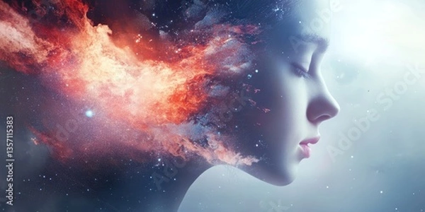 Obraz a captivating artistic portrait of a woman's profile, with celestial elements merging with her form