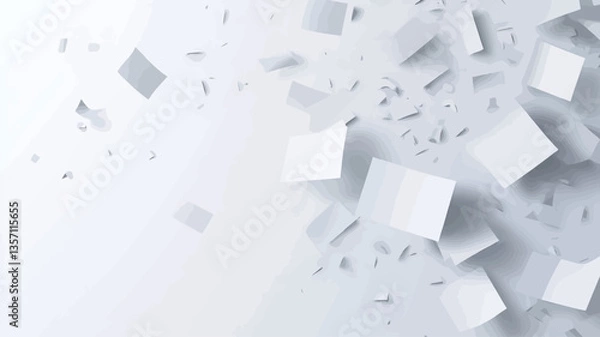 Fototapeta The image depicts a collection of white geometric shapes, primarily squares and smaller fragments, scattered against a white background. The shapes vary in size and orientation, creating a sense of