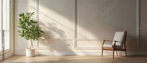 Fototapeta a minimalistic interior design, featuring a plant, a chair, and window