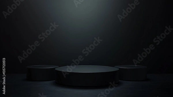 Obraz Three dark podiums arranged on a dark surface with a dark background and a single light source above