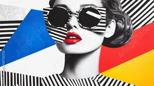 Obraz Neo-pop art interpretation of a glamorous woman in funky sunglasses, geometric vintage patterns, and surreal elements.