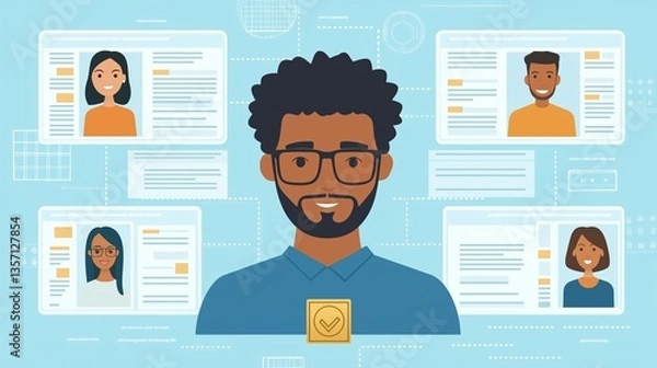 Fototapeta Employee of the month illustration. Recognition board featuring an employee photo, a gold badge, and positive comments from colleagues.