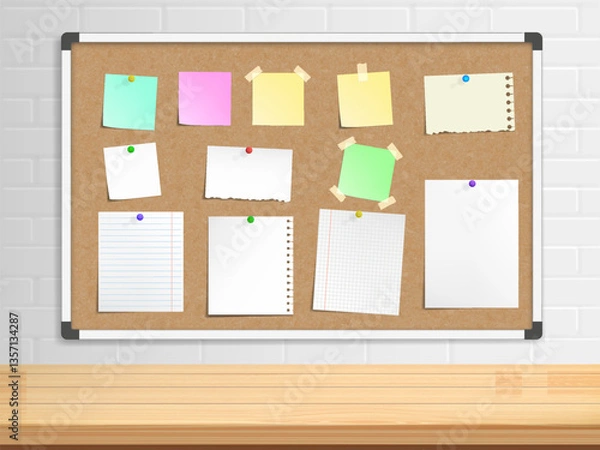 Obraz Office cork bulletin board template for business above the desktop. Sheets of paper and stickers for notes. Vector mockup