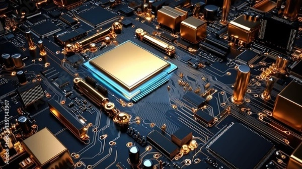 Fototapeta High-tech motherboard pattern, electronic components, neon blue light effects, digital infrastructure