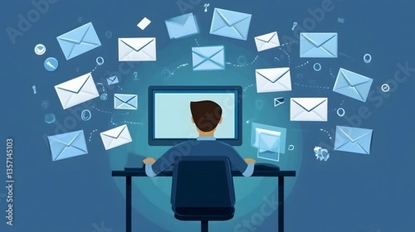 Obraz Email Overload: A person is seated at a desk with a computer, being bombarded by an influx of emails, conveying the sense of information overload and constant connectivity.