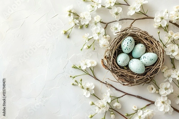 Fototapeta Easter Nest with Blue Eggs and Spring Flowers on White Background