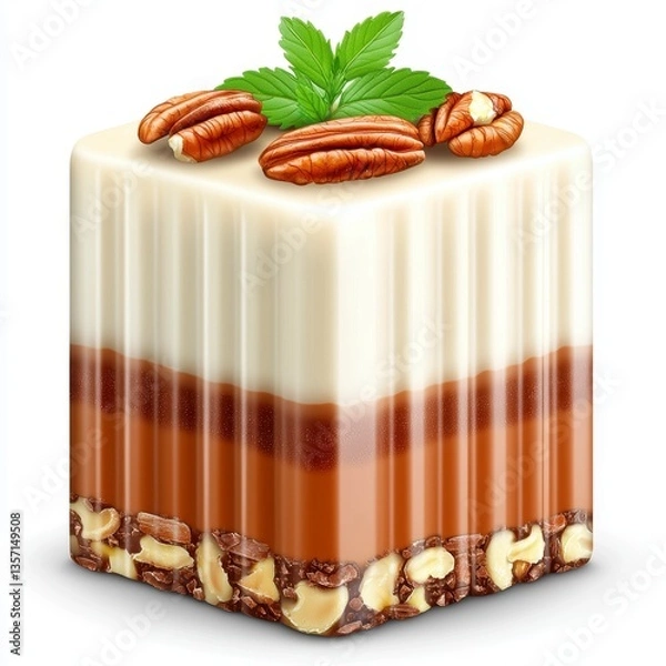 Fototapeta Three Layered White Chocolate Dessert with Pecan Nuts and Mint