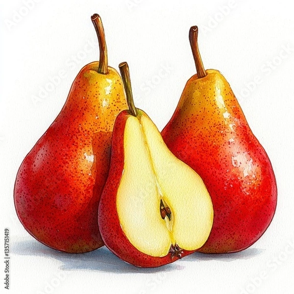 Obraz Three Ripe Red and Yellow Pears on White Background