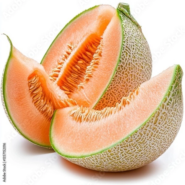 Fototapeta Three Slices of Pale Orange Cantaloupe Melon with Green Rind on White Background