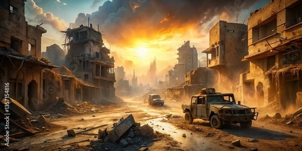 Fototapeta Desolate Battlefield: War-Torn Landscape with Copy Space for Text Overlay