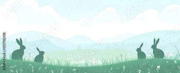 Obraz minimalistic spring nature scanery with easter bunnies; subtele, simple yet luxurious hand-made greeting card background; copy space