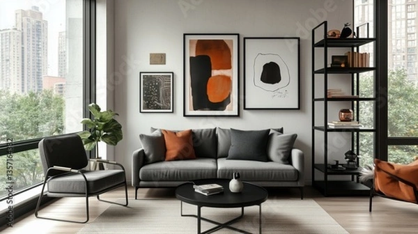 Fototapeta A Serene Bright and Airy Modern Apartment Living Room Design Featuring a Comfortable Gray Sofa, Abstract Art, and Expansive City Views Through Floor-to-Ceiling Windows