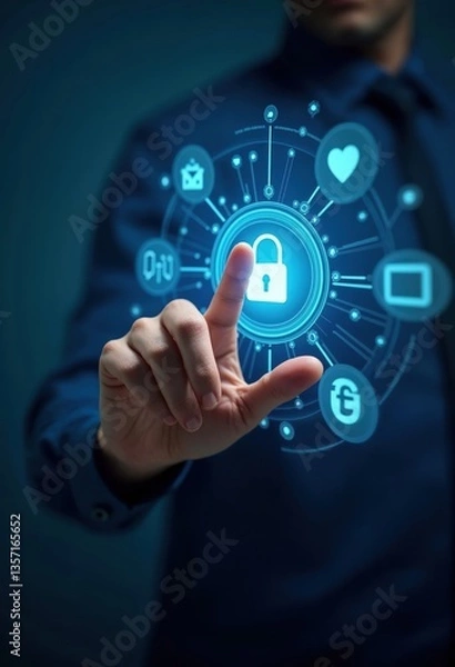 Fototapeta Businessman protecting digital data with secure network access