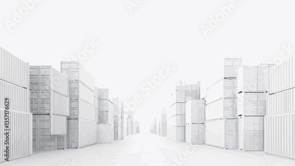 Fototapeta The image presents a minimalist, abstract representation of a shipping container yard.  The containers are depicted in pure white, creating a monochrome palette. The perspective is a long shot down