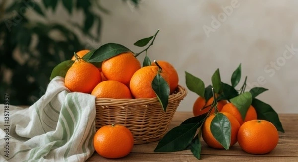 Fototapeta A wicker basket overflowing with vibrant oranges sits atop a wooden table