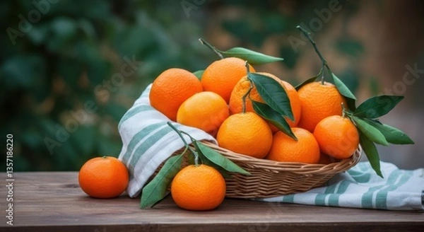 Fototapeta A wicker basket overflowing with vibrant oranges sits atop a wooden table