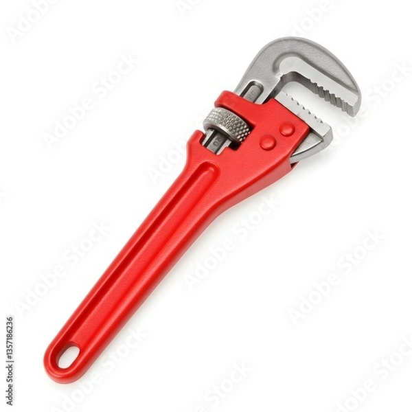 Fototapeta Plumber’s pipe wrench with red handle on white background