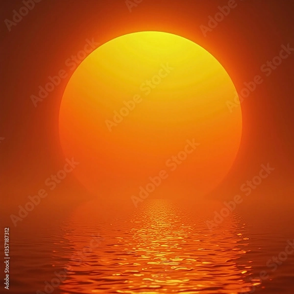Fototapeta A large orange sun is reflected in the water. The scene is serene and peaceful. The orange color of the sun and the water creates a warm and inviting atmosphere