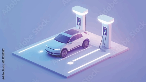 Fototapeta Isometric 3D rendering of a white electric vehicle parked at a charging station. The scene is set against a light purple background. The charging station is composed of two charging points with