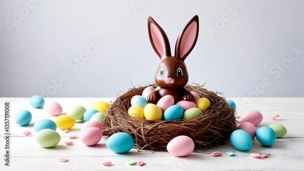Fototapeta A chocolate bunny sitting in a nest filled with colorful Easter eggs.