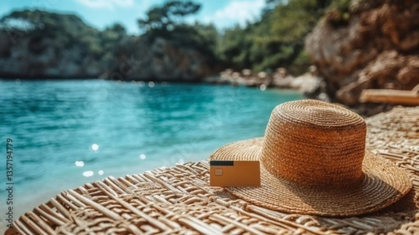 Obraz woven hat on the beach with an empty business card nearby 