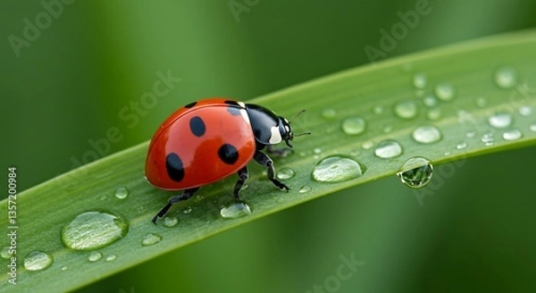 Fototapeta Ladybug on Green Leaf with Water Drops in a Macro Close Up Nature Scene