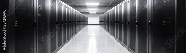 Fototapeta Long server room hallway with rows of network equipment and servers 