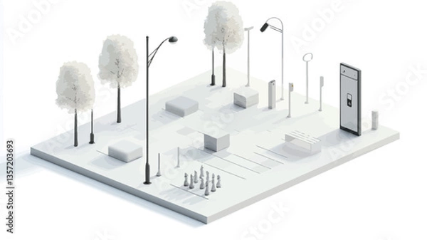 Fototapeta Isometric 3D rendering of a collection of streetlights, benches, and stylized trees arranged on a white surface. The style is minimalist and clean, with all elements rendered in varying shades of