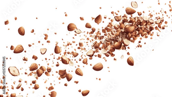 Fototapeta The image shows numerous hazelnut pieces and fragments against a pure white background. The hazelnuts are various sizes, from whole to small pieces, suggesting a burst or explosion. They are light