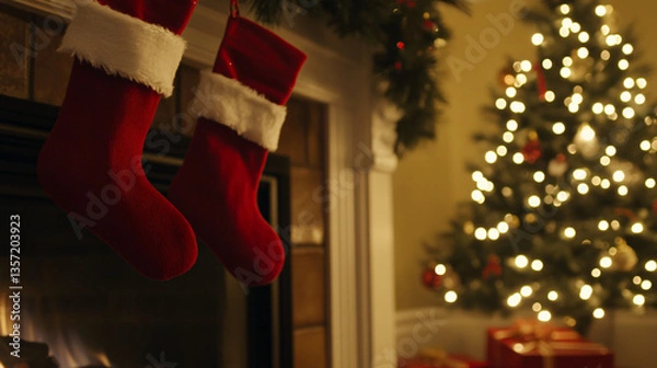 Fototapeta Christmas Eve Cozy: An evocative scene of Christmas stockings hung by the fireplace and a fully decorated Christmas tree, creating an atmosphere of warmth and anticipation.