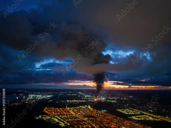 Obraz Aerial drone view of an industrial fire in Puerto Montt, Chile, with a thick smoke column rising over the city, dramatic clouds, and post-sunset light illuminating the urban landscape.