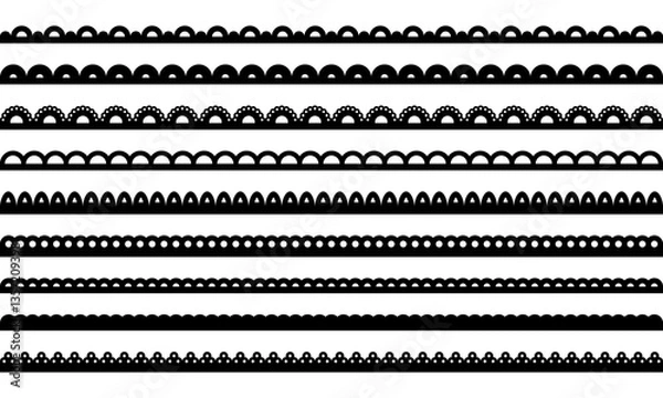 Obraz Lace scallop fabric edge. Frame border with pattern. Ribbon with ornament. Vector collection of stripes isolated on white background.