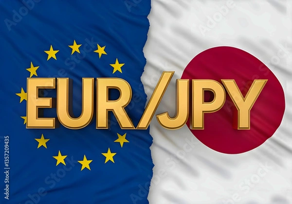 Obraz Gold volumetric letters EUR/JPY against the background of the EU and Japanese flags. Currency market. Finance