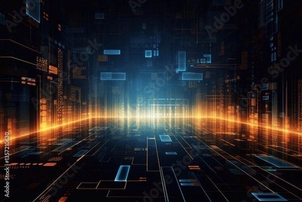 Obraz Digital labyrinth of the future in a shimmering glow. Technological lines in space create an illusion of an endless path. Generative AI