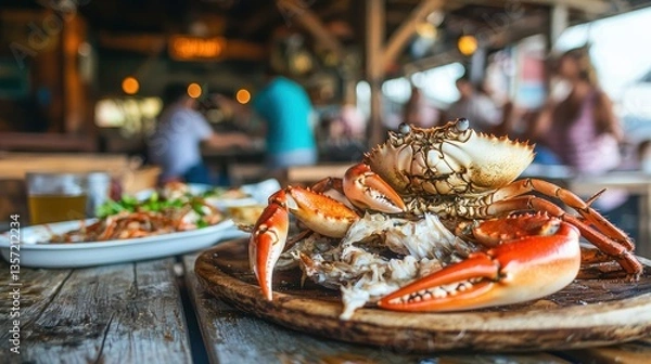 Obraz A cozy seafood shack with diners enjoying freshly prepared crab dishes. 