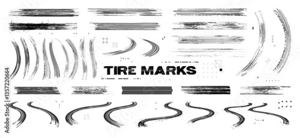 Fototapeta Tire tread marks after skidding, launch, drift, powerslide in motorsport, rally, off-road, motocross. Tread mark with skidding, sanding, dirty mark on asphalt. Wheel texture with splash effect. Vector