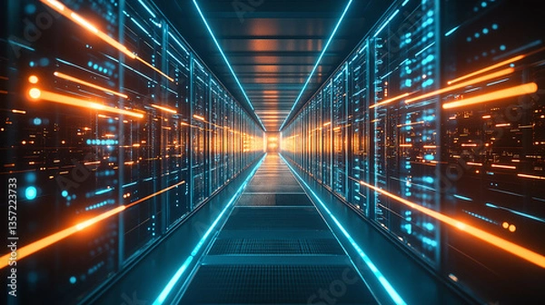 Fototapeta A long hallway with rows of servers glowing with blue and orange lights.