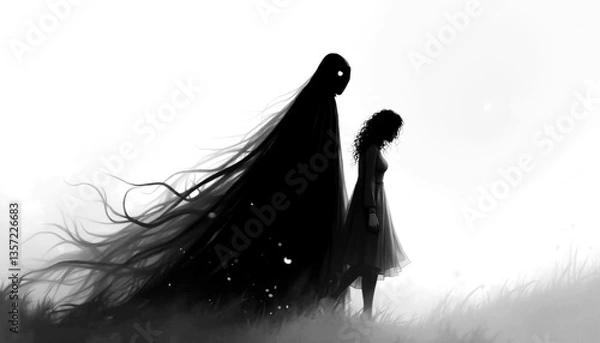 Fototapeta A woman is walking in a field with a long, dark hair. A shadow of a person is following her