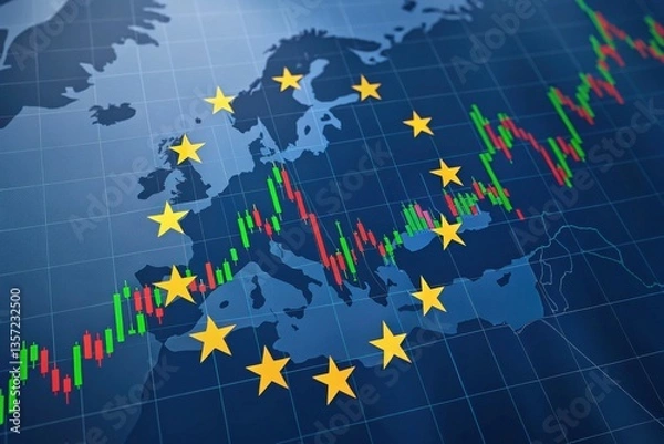 Fototapeta Policy shapes economic risk and global economy concept. Financial chart overlaid on a map of Europe with stars indicating countries.