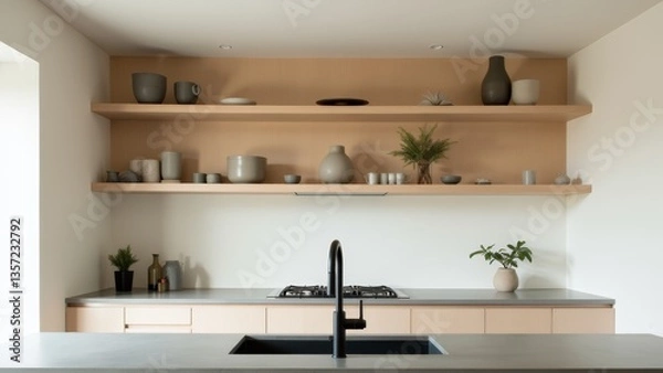 Fototapeta Minimalist Kitchen Sink With Open Shelving