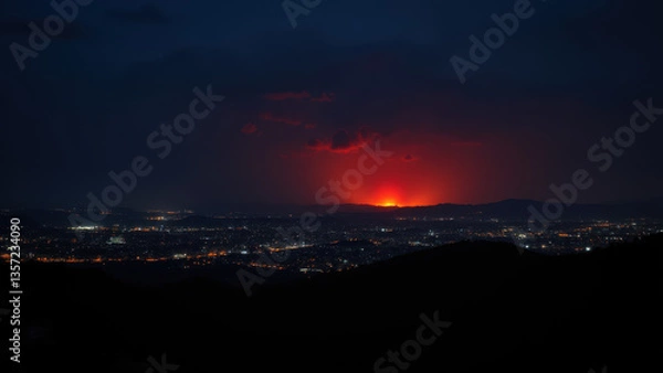 Fototapeta Nighttime view of a city with a wildfire burning in the distance.