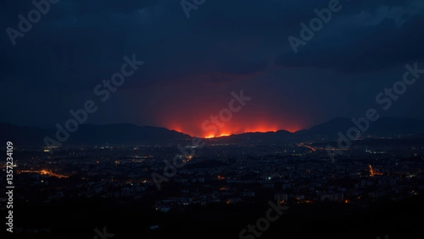 Fototapeta A nighttime view of a city skyline with a wildfire consuming hills and homes in the distance.