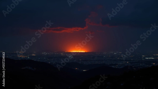 Fototapeta A nighttime panoramic view showing a city's lights against a dark sky with clouds and a wildfire burning brightly on the horizon.