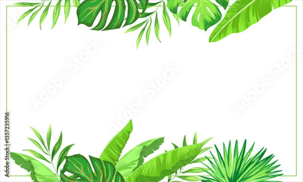 Fototapeta Summer tropic frame. Jungle border with tropical leaves. Botanic background.