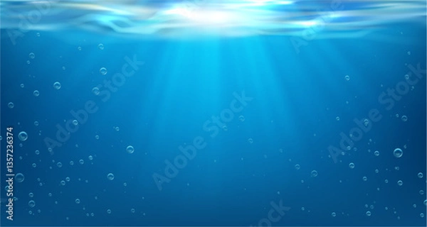 Fototapeta Oceanic or sea waters, underwater scenery of surface with bubbles and light texture of sunrays. Vector in realistic style, snorkeling and scuba diving scene with waves on top, vacation resort